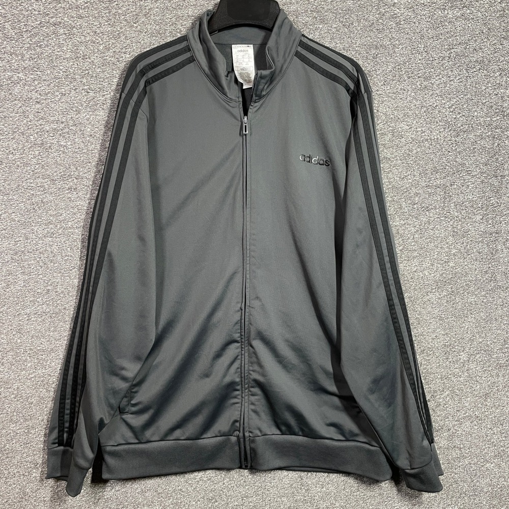 Adidas Track Jacket Mens XL Gray Black 3-Stripe Full Zip Athletic Sportswear